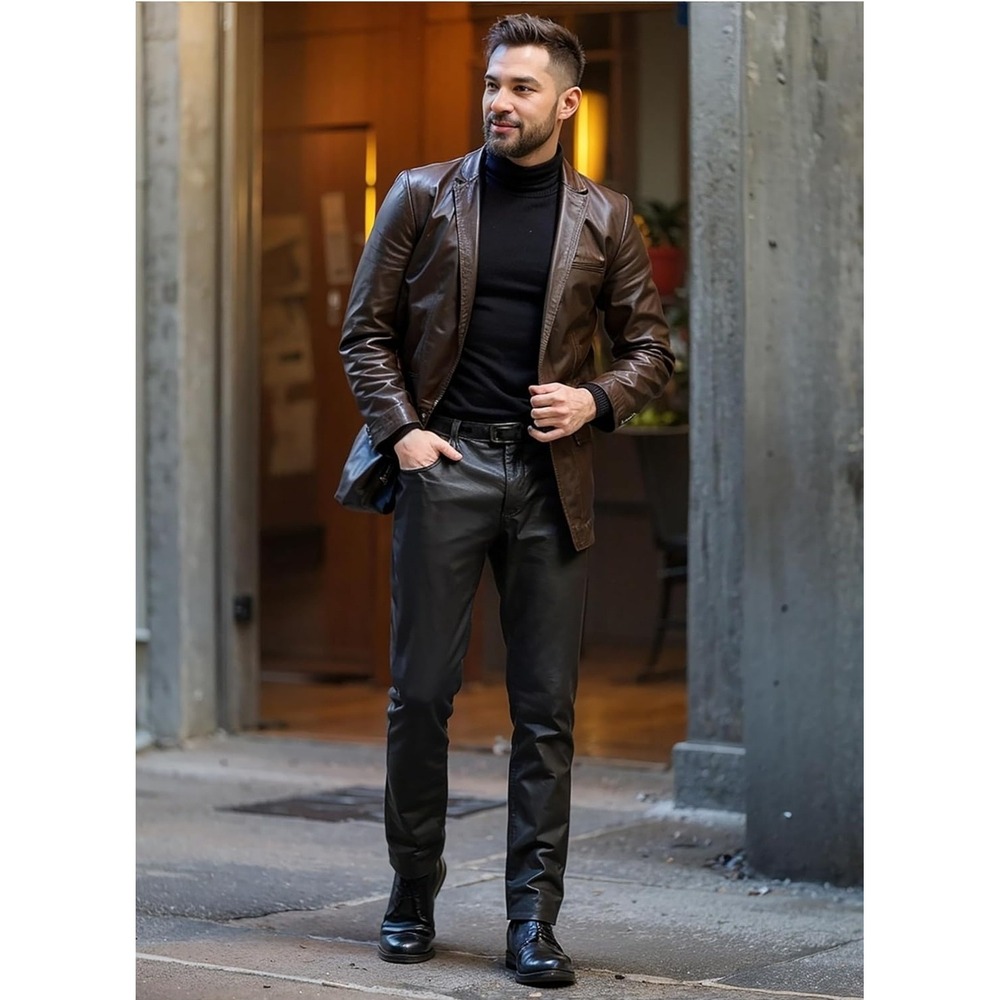 Ethanol Mens Slim Fit Faux Leather Biker Pants Black Moto Stretch Jeans Size 40